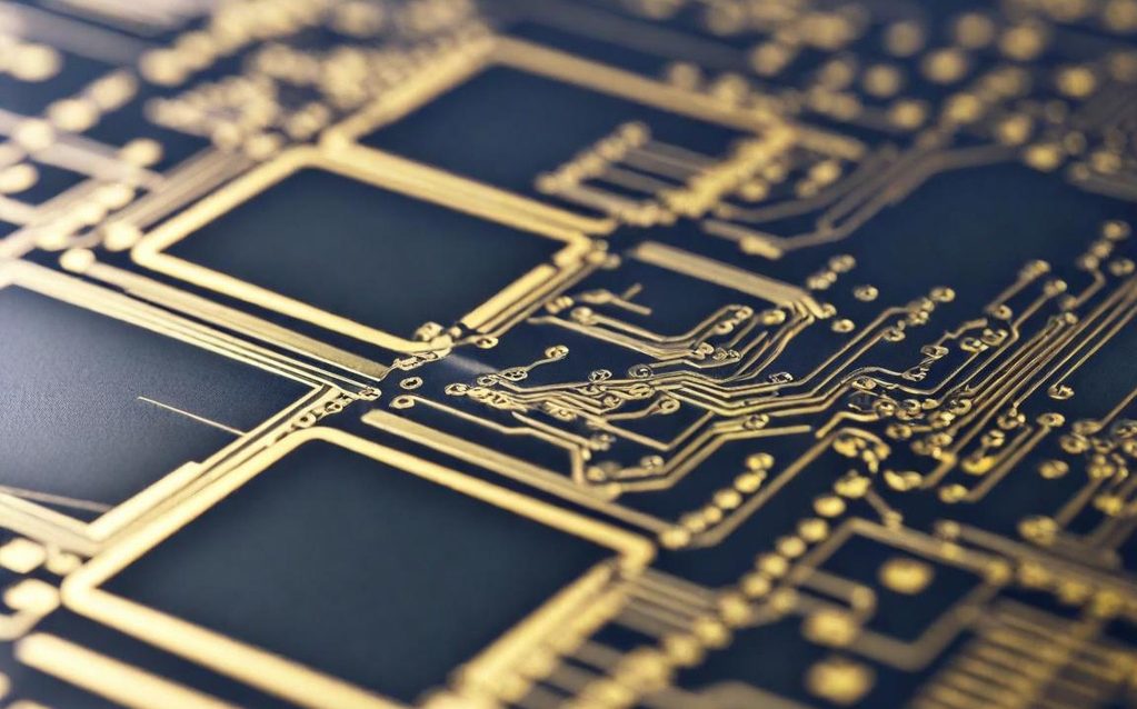 Close-up of a complex, golden circuit on a circuit board.