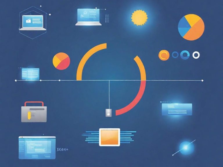 Universall Applicable Diagram with technology icons, graphics, and a central circular element on a blue background.