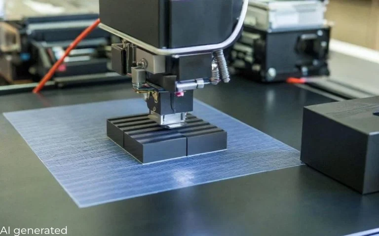 3D Printing 3D printer creating a black object on a blue surface.